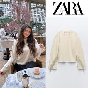 Zara Ivory Rhinestone Soft Sweatshirt with Fringe Accents